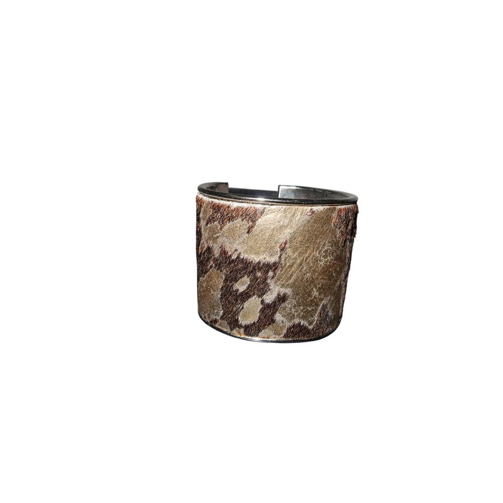 Metallic Hair-On Cowhide Wide Cuff Bracelet Gold Brown Silver-Tone Western Boho